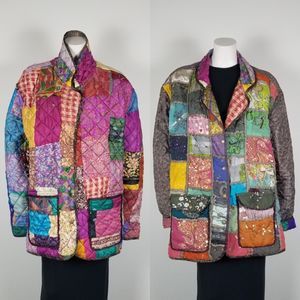 C:EED Vintage Silk Sari Patchwork Reversible Colorful Quilted Jacket Size L